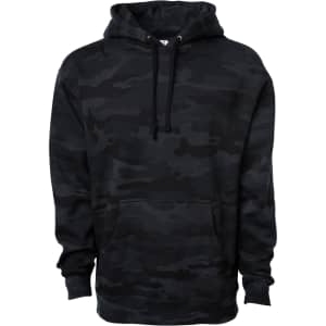 A black camouflage heavyweight pullover hood with a front pocket and drawstring hood. Features a logo.