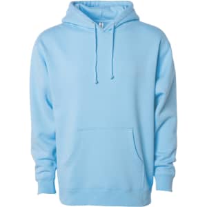 A light blue heavyweight pullover hood with a front pocket and a hood. It features a logo on the front.