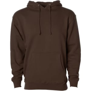 A brown heavyweight pullover hood with a front pocket and an adjustable drawstring hood. Features a logo.