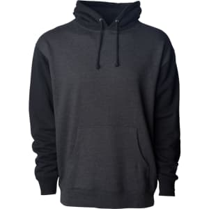 A heavyweight pullover hood in charcoal grey with black sleeves, featuring a front pouch pocket and a hood.