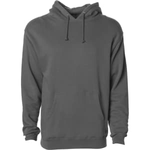 A grey heavyweight pullover hood with a front pocket and a drawstring hood. It features a logo.