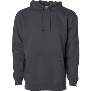 A heavyweight pullover hoodie in charcoal grey with a front pocket and drawstring hood, featuring a logo.