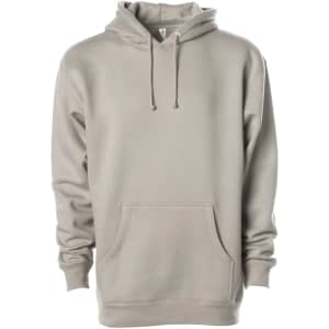A beige heavyweight pullover hood with a front pocket and drawstring hood. It features a logo on the chest.