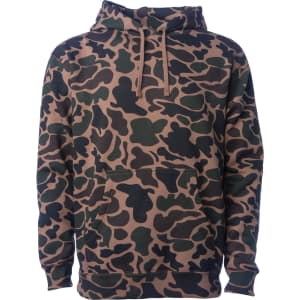 A men's heavyweight pullover hood in a camouflage pattern featuring shades of brown and green. It has a front pouch pocket and a logo.