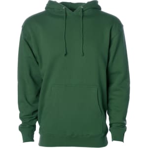 A green heavyweight pullover hood with a front pocket and a hood. The item features branding on the front.