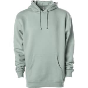 A mint green heavyweight pullover hood with a front pocket and drawstring hood, featuring a logo.