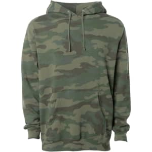A camouflage patterned heavyweight pullover hood in various shades of green, featuring a front pocket and a logo.