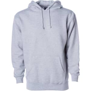 A grey heavyweight pullover hood with a front pocket and drawstring hood, featuring a logo.