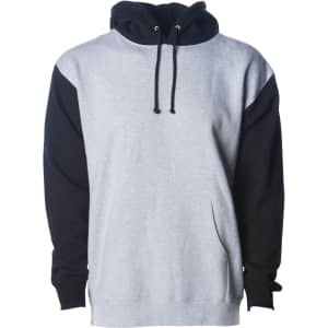 A heavyweight pullover hood in grey with black sleeves, featuring a hood and front pocket. It has a logo.