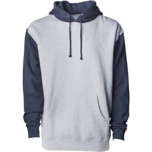 A heavyweight pullover hood in grey with navy sleeves, featuring a front pocket and a hood. It has a logo.