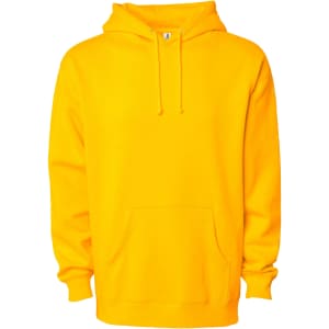 A bright yellow heavyweight pullover hoodie with a front pocket and a hood. It features a logo.