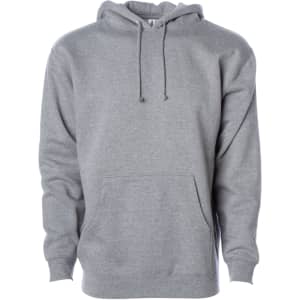 A grey heavyweight pullover hood with a front pocket and a drawstring hood. It features a branding logo.