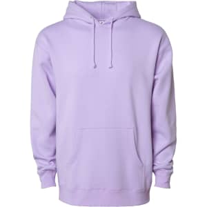 A lilac heavyweight pullover hood with a front pocket and a hood, featuring a logo.