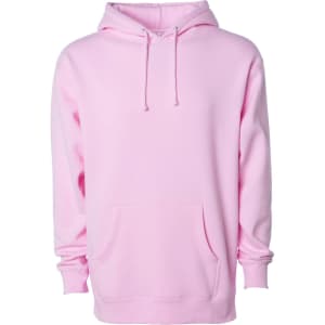 A pink heavyweight pullover hoodie featuring a front pocket and a drawstring hood. The item has a logo.