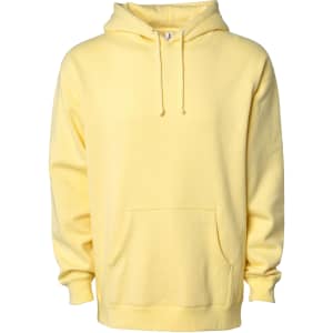 A yellow heavyweight pullover hood with a pouch pocket and a hood. It features a logo on the front.