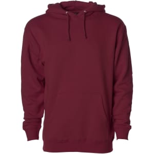 A maroon heavyweight pullover hood with a kangaroo pocket and adjustable drawstring hood. It features a logo.