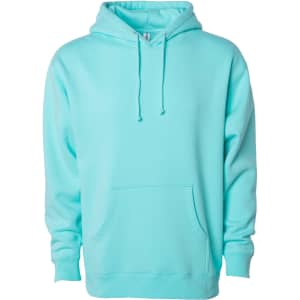 A mint green heavyweight pullover hooded sweatshirt with a front pocket and drawstring hood. It features a logo.
