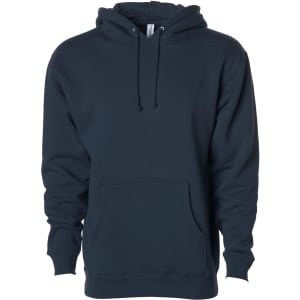 A navy blue heavyweight pullover hoodie featuring a front pocket and a drawstring hood. It has a logo on the label.