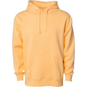 A lightweight pullover hoodie in a bright yellow colour, featuring a front pocket and a hood, with a logo present.