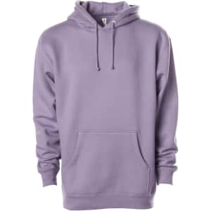 A purple heavyweight pullover hood with a front pocket and adjustable drawstring hood. It features a logo.