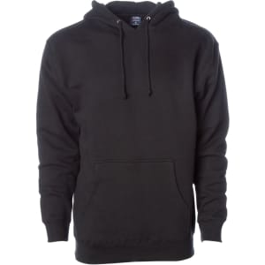 A black heavyweight pullover hooded sweatshirt with a front pocket and drawstrings. It features a logo.