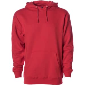 A red heavyweight pullover hood with a front pocket and adjustable drawstring hood. It features a logo.