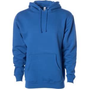A blue heavyweight pullover hood with a front pocket and drawstring hood, featuring a logo.
