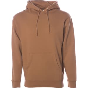 A heavyweight pullover hood in a warm brown colour, featuring a front pocket and an adjustable drawstring hood.