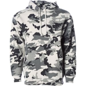 A heavyweight pullover hood in a grey and white camouflage pattern, featuring a front pouch pocket and a hood.