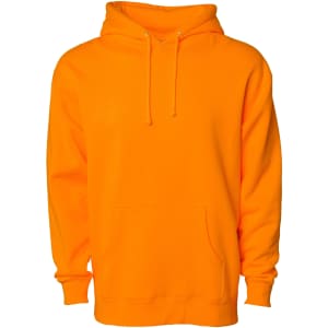 An orange heavyweight pullover hooded sweatshirt with a front pocket and drawstrings, featuring a logo.