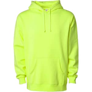 A bright yellow heavyweight pullover hood with a kangaroo pocket and a drawstring hood. It features a logo.