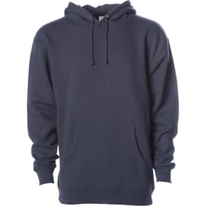 A heavyweight pullover hood in navy blue featuring a front pocket and a hood, with a logo on the sleeve.