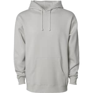 A heavyweight pullover hood in a light grey colour with a front pocket and a hood, featuring a logo.