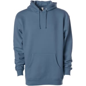 A blue heavyweight pullover hood with a front pocket and a drawstring hood, featuring a logo.