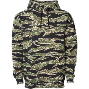 A camo-patterned heavyweight pullover hood in shades of green and black, featuring a front pocket and drawstring hood.