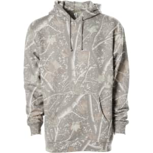 A lightweight pullover hood in a camo pattern featuring shades of grey and earthy tones, with a front pocket and logo.
