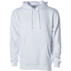 A white heavyweight pullover hood with a front pocket and a hood, featuring a logo on the side.