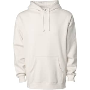 A cream heavyweight pullover hood featuring a front pocket and a hood. It has a logo on the front.