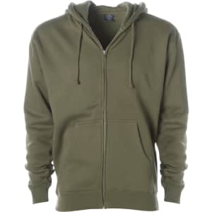 A men's heavyweight zip hoodie in olive green featuring a front pocket and an adjustable hood. It has a logo.