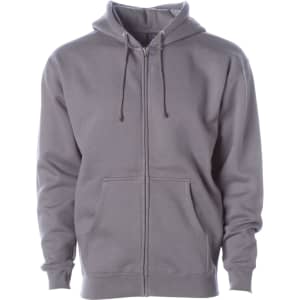 A heavyweight zip hoodie in grey with a front zipper and two pockets, featuring a hood and drawstrings.
