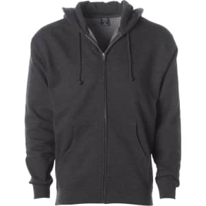 A heavyweight zip hood in dark grey features a front zipper and two side pockets, with an attached hood.