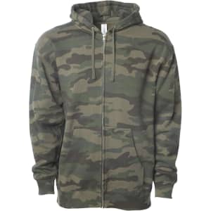 A heavyweight zip hood in a camouflage pattern, featuring shades of green and brown. It has a hood and front zipper.