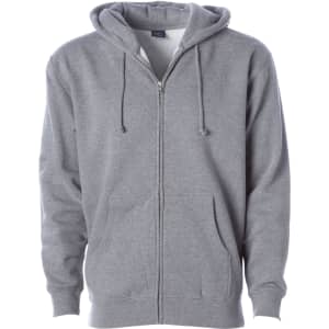 A grey heavyweight zip hoodie featuring a front zipper and two side pockets, with an adjustable drawstring hood.