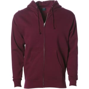 A maroon heavyweight zip hood with a front pocket and drawstring hood. It features a logo on the label.
