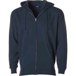 A navy heavyweight zip hood with a front pocket and drawstrings, featuring a logo on the inside.