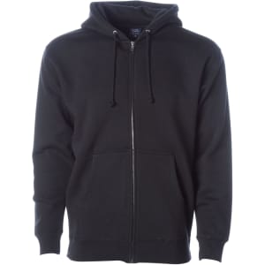 A black heavyweight zip hoodie featuring a front zipper and a hood, with a logo visible.