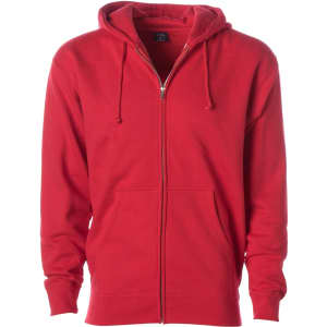 A red heavyweight zip hoodie featuring a front pocket and hood, with a logo on the chest.