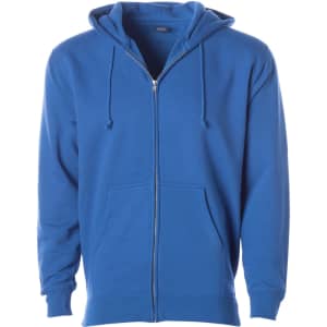 A blue heavyweight zip hoodie featuring a front zip and double-striped hood. It has a kangaroo pocket and a logo.