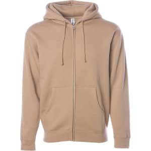 A men's heavyweight zip hoodie in a light brown colour, featuring a front zip and two pockets.