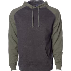 A raglan sleeve pullover hood in dark grey with olive green sleeves and a front pocket. Features a logo.